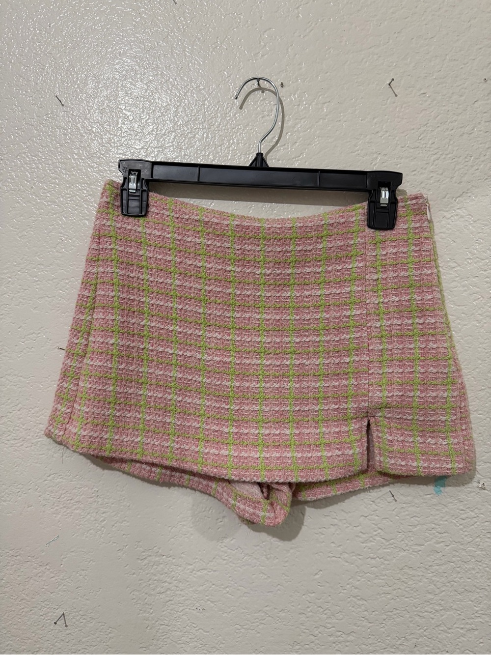 Pink & Green Plaid Tweed Women's Skort